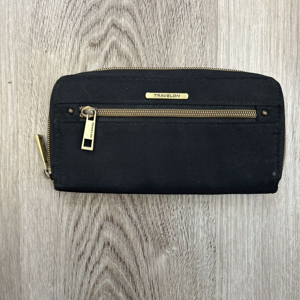 Travelon Full Zipper Wallet RFID Protection 7.5” x 4.5” Black Clutch Mini Purse